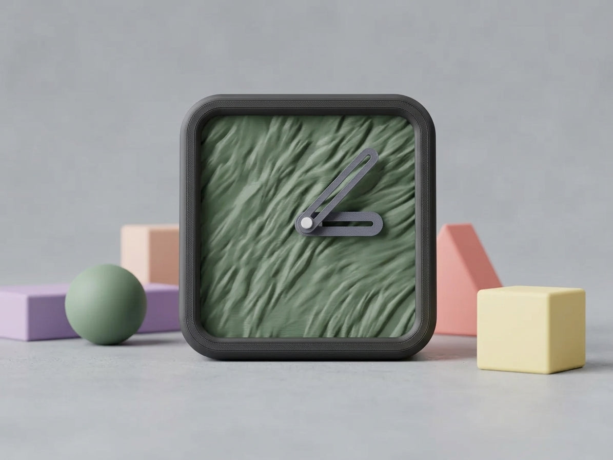 Modern Minimalist Textured Desk Clock product shot side profile showing depth of rounded square frame and textured face