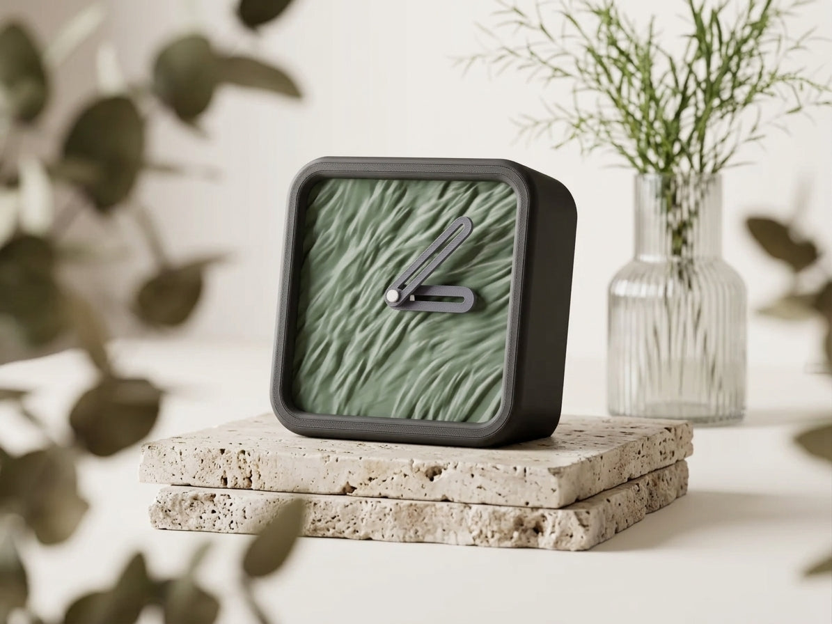 Modern Minimalist Textured Desk Clock product shot three quarter view showing frame construction and textured face detail