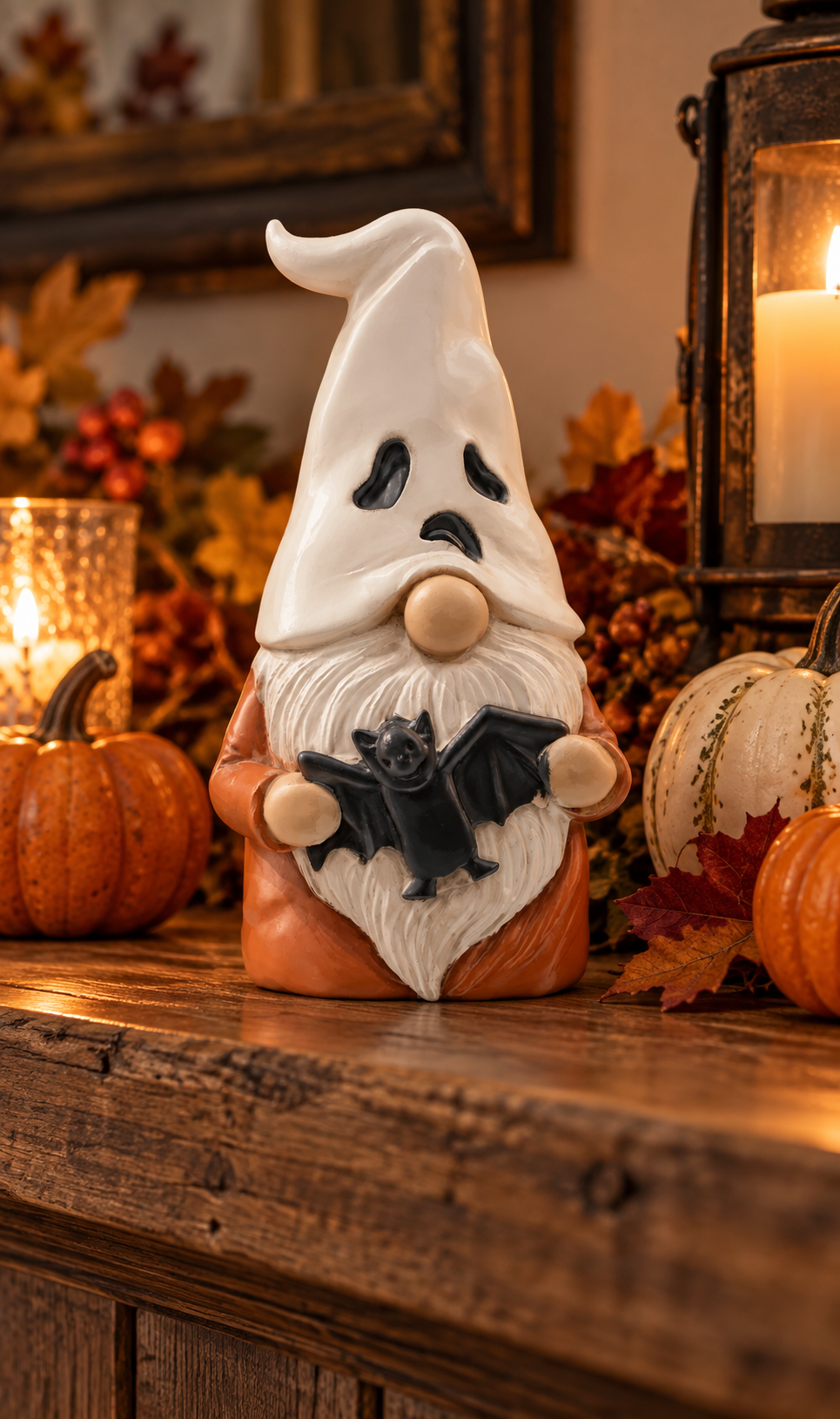 Ghost Gnome decorative figure with white hat, orange outfit and black bat detail displayed on a marble surface