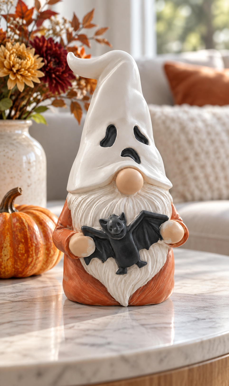 Ghost Gnome decorative figure styled with pumpkins, autumn leaves and warm candlelight