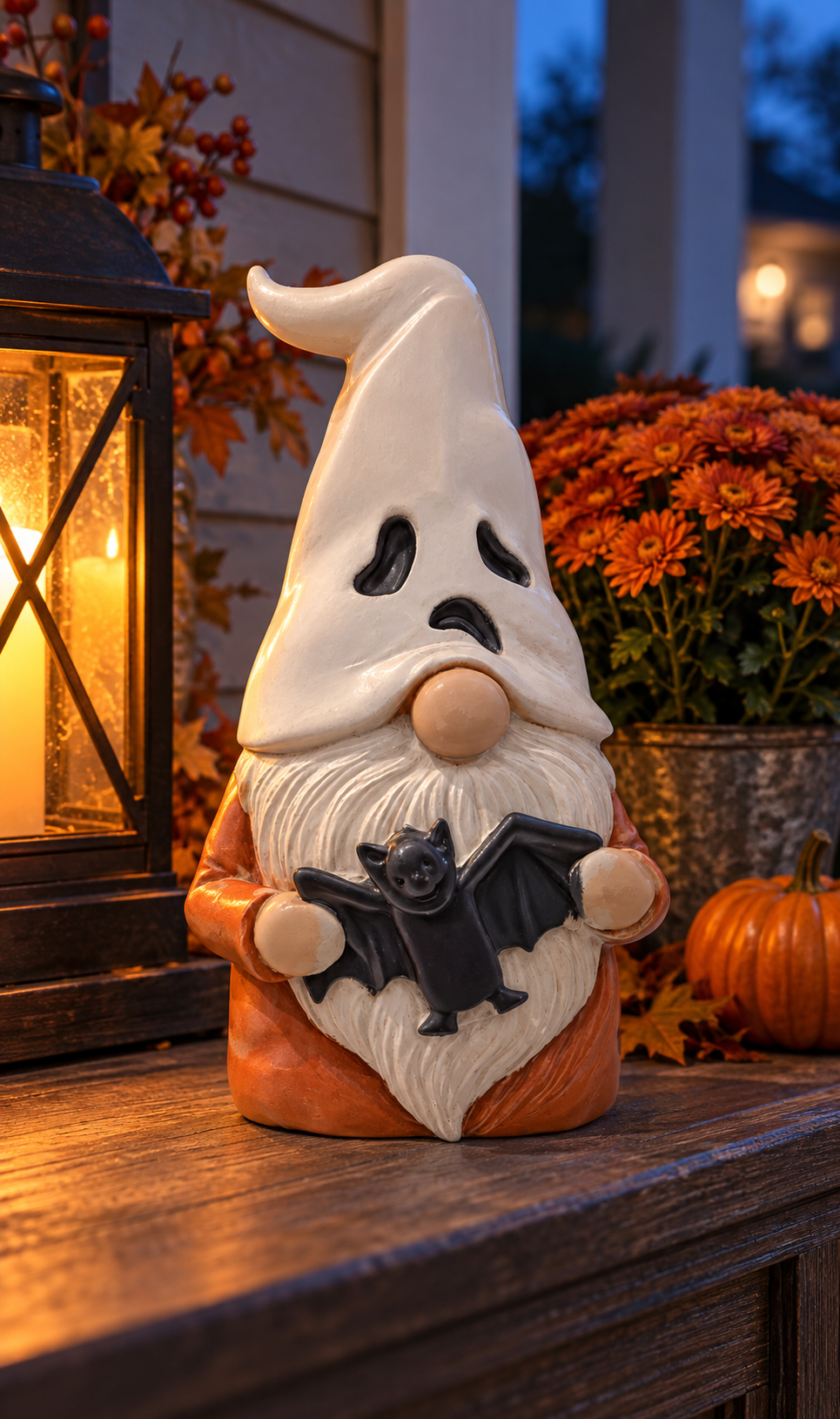 Ghost Gnome decorative figure displayed beside a fireplace with autumn décor