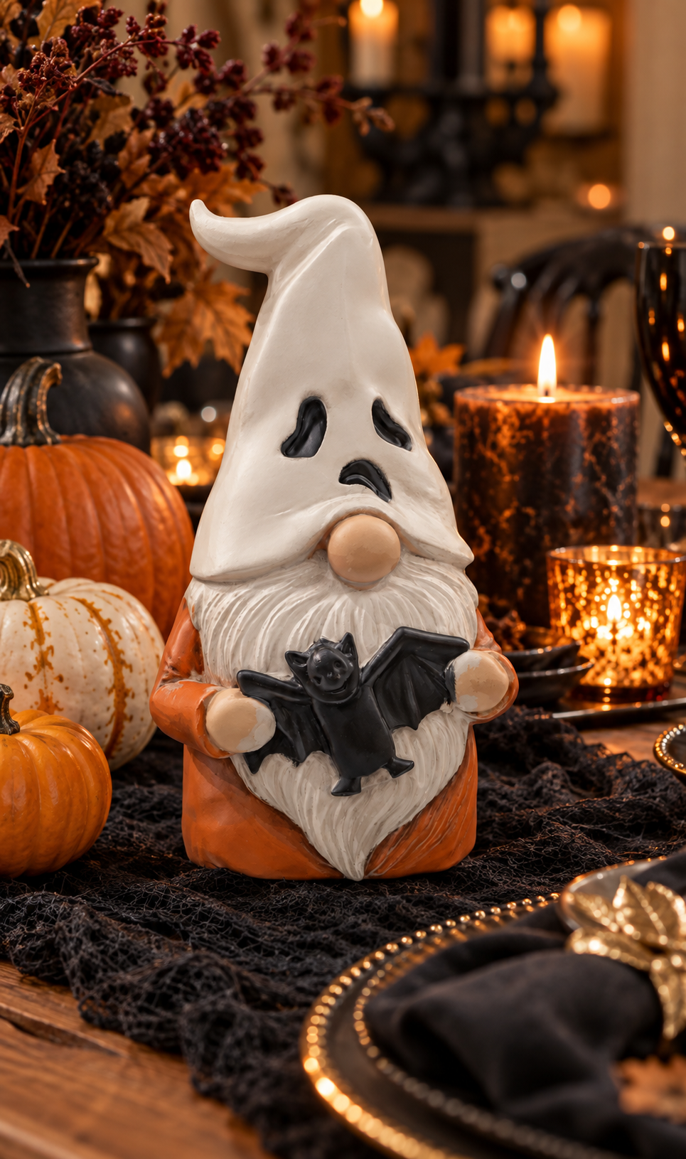 Ghost Gnome decorative figure displayed beside a window with pumpkins and autumn colour