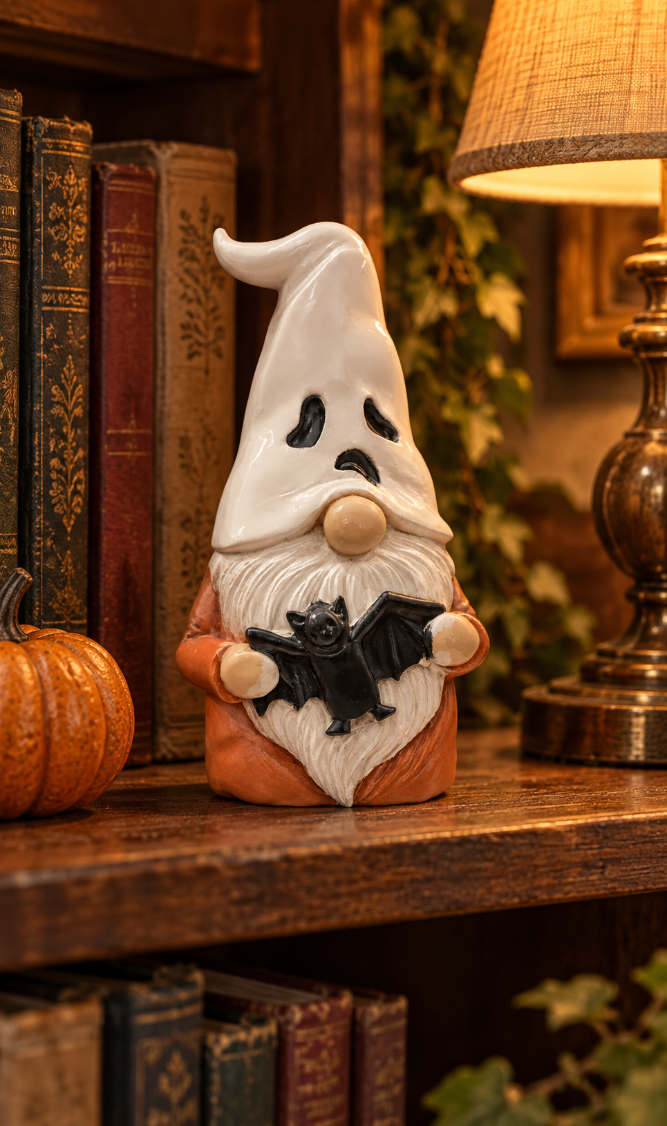 Ghost Gnome decorative figure displayed beside a lantern and autumn flowers