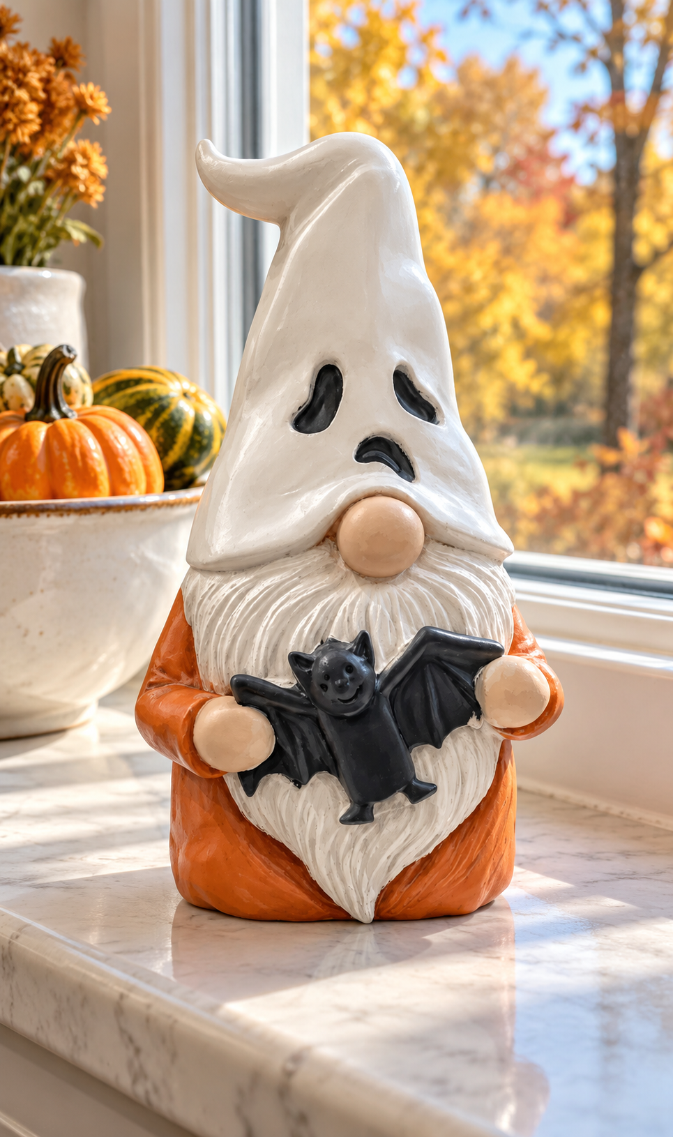 Ghost Gnome decorative figure displayed on a bookshelf beside a lamp and pumpkin