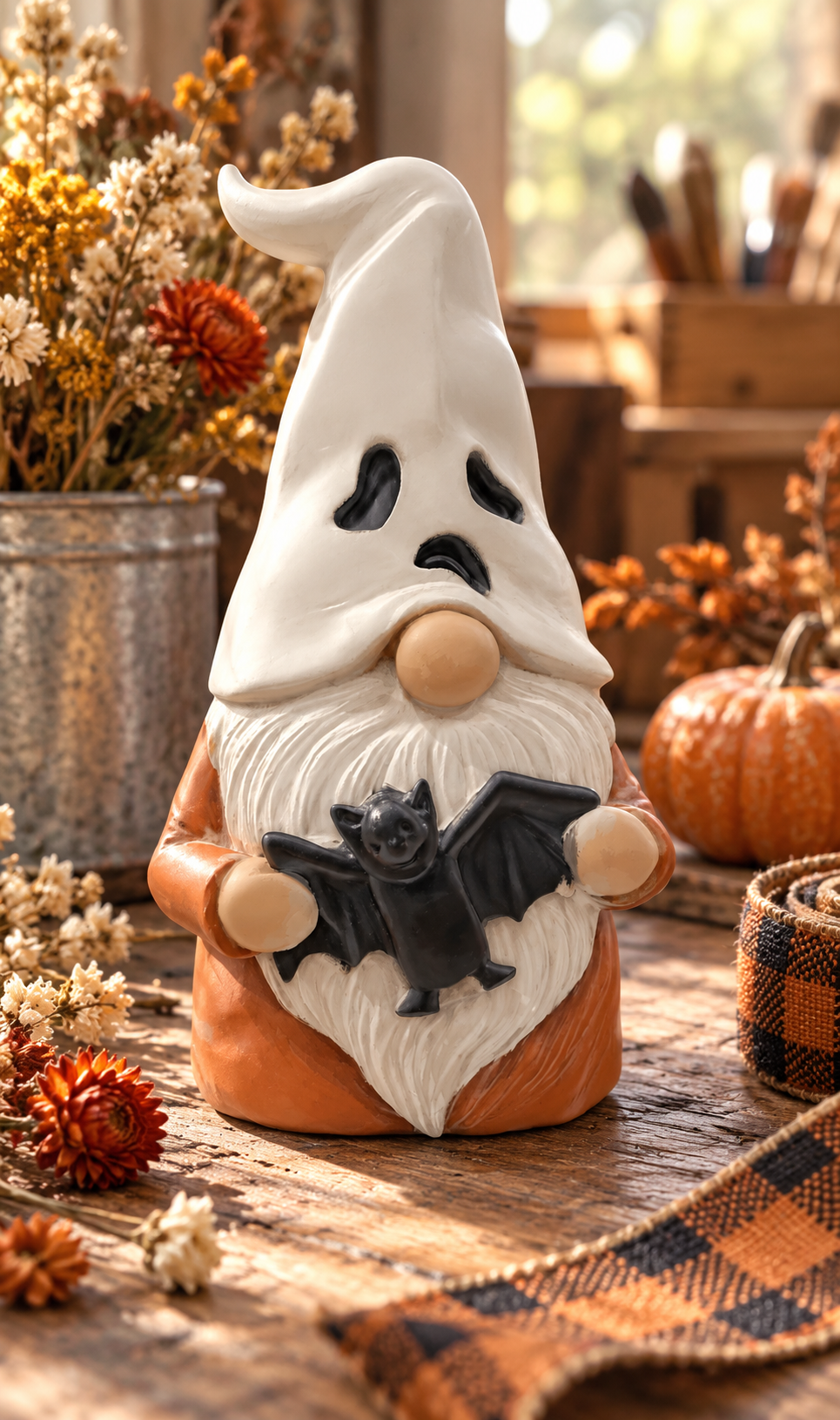 Ghost Gnome decorative figure styled with dried flowers and autumn table décor