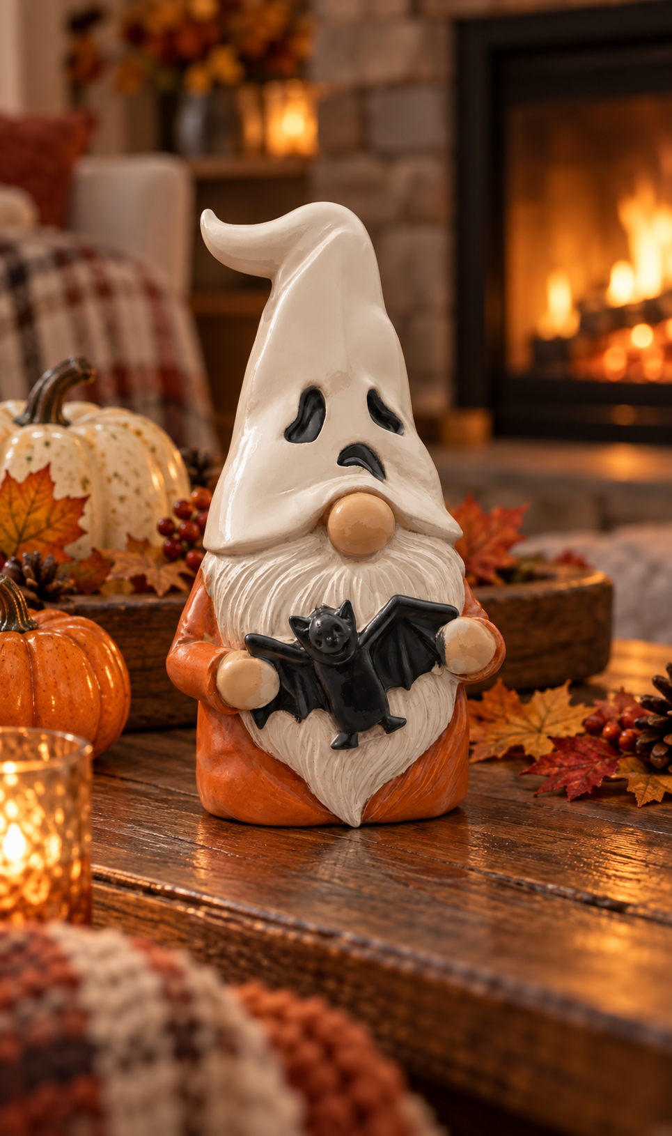 Ghost Gnome decorative figure styled on a Halloween dining table with pumpkins and candles