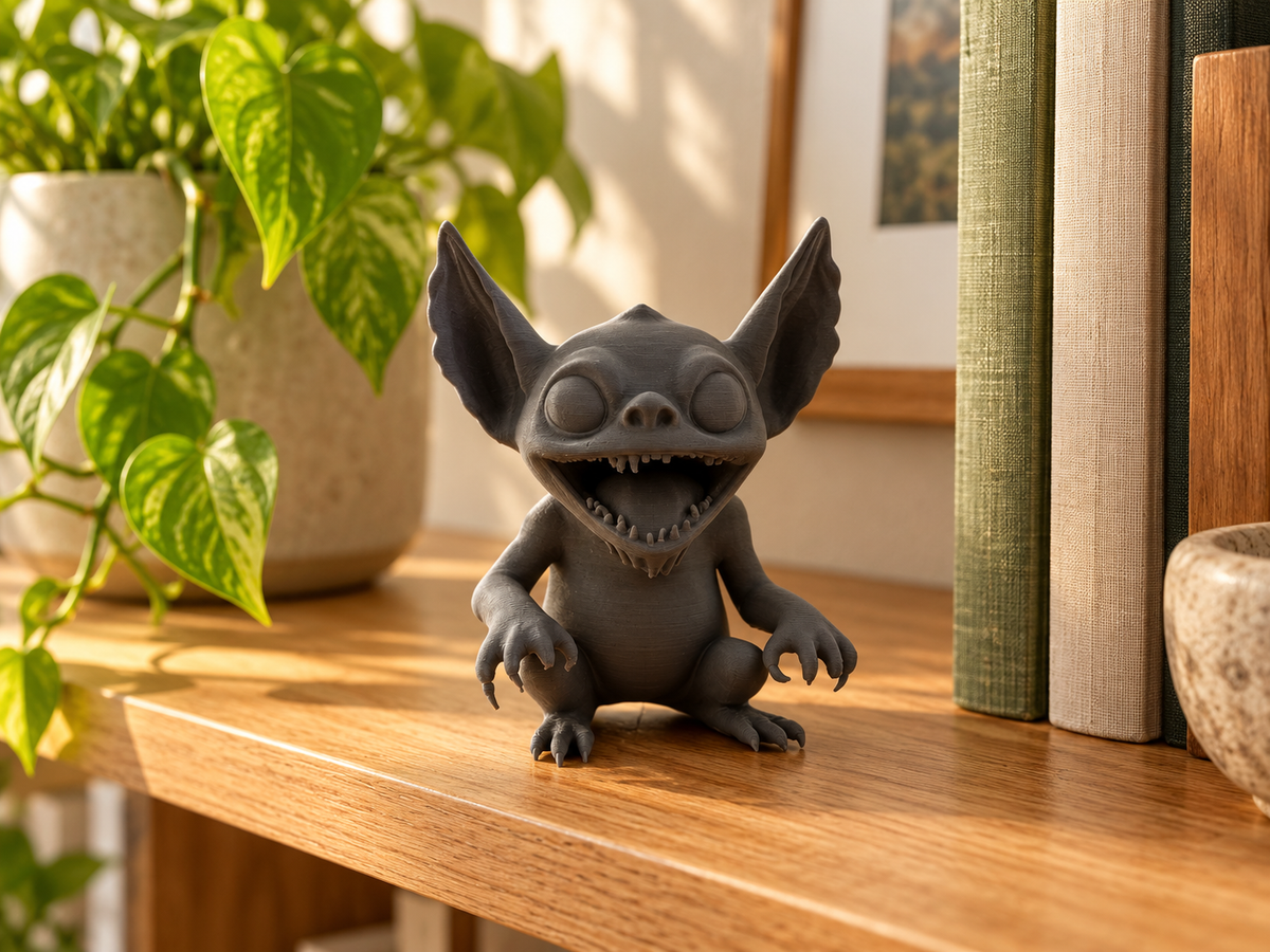Grey Gremlin decorative figure with oversized ears, toothy grin and curled claws displayed on a desk