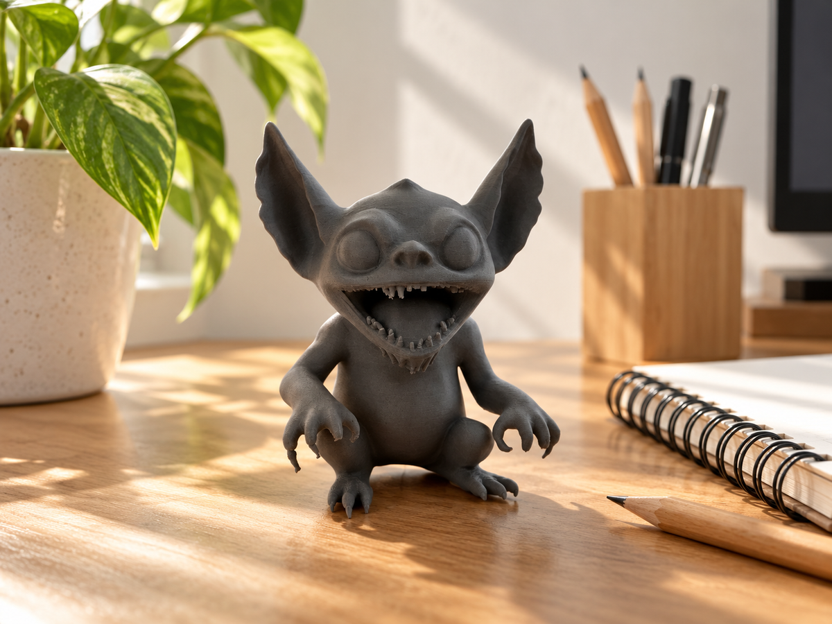 Grey Gremlin decorative figure shown in profile beside houseplants and a bright window
