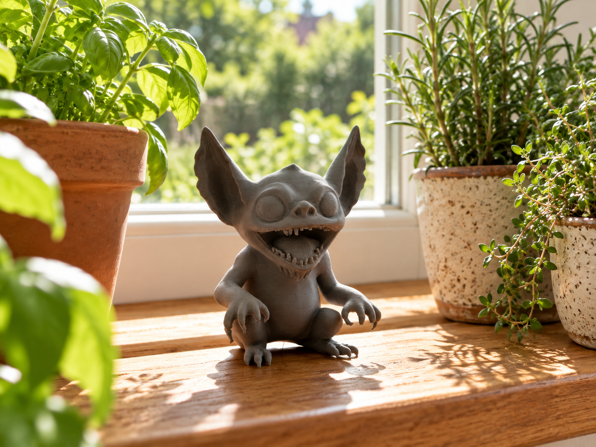 Grey Gremlin decorative figure displayed in an artist workspace with sketchbooks and brushes