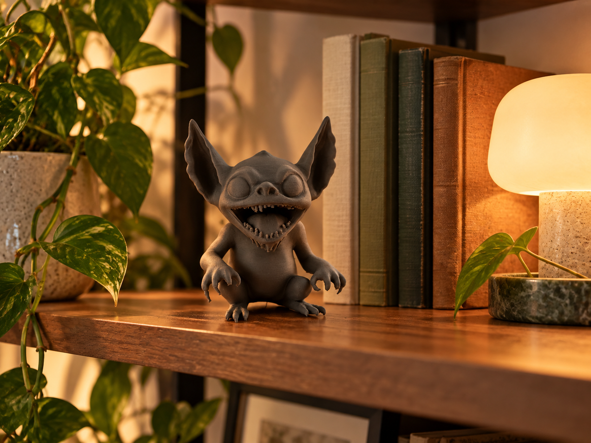 Grey Gremlin decorative figure styled on a wooden sideboard beside houseplants and books