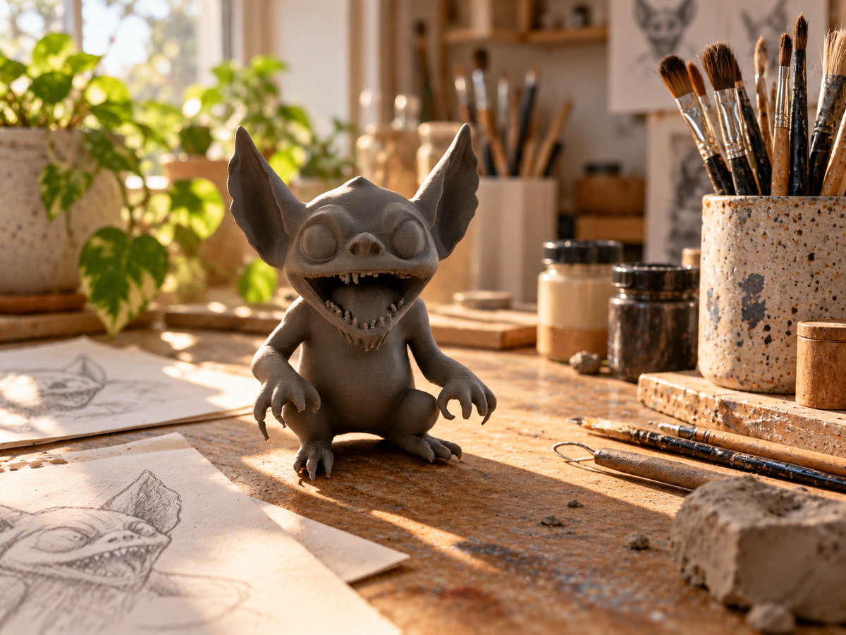 Grey Gremlin decorative figure displayed on a wooden bookshelf beside books and framed art