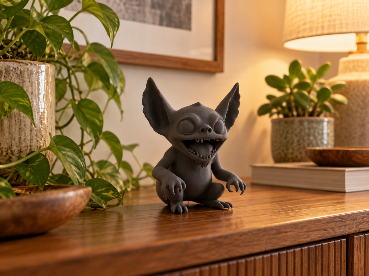 Grey Gremlin decorative figure displayed beside books and a plant on a bright wooden shelf