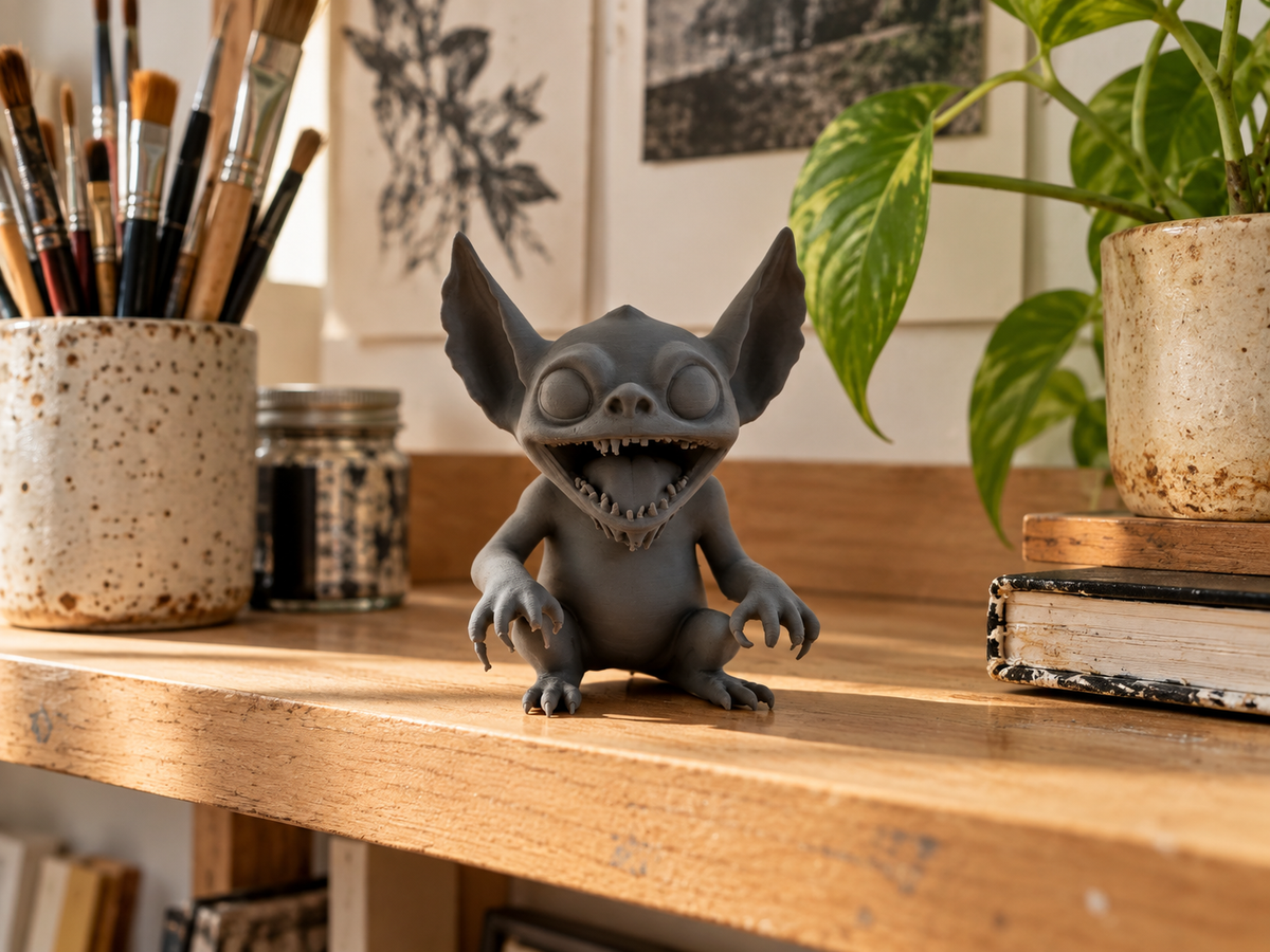 Grey Gremlin decorative figure styled on a shelf with books, plants and warm interior lighting