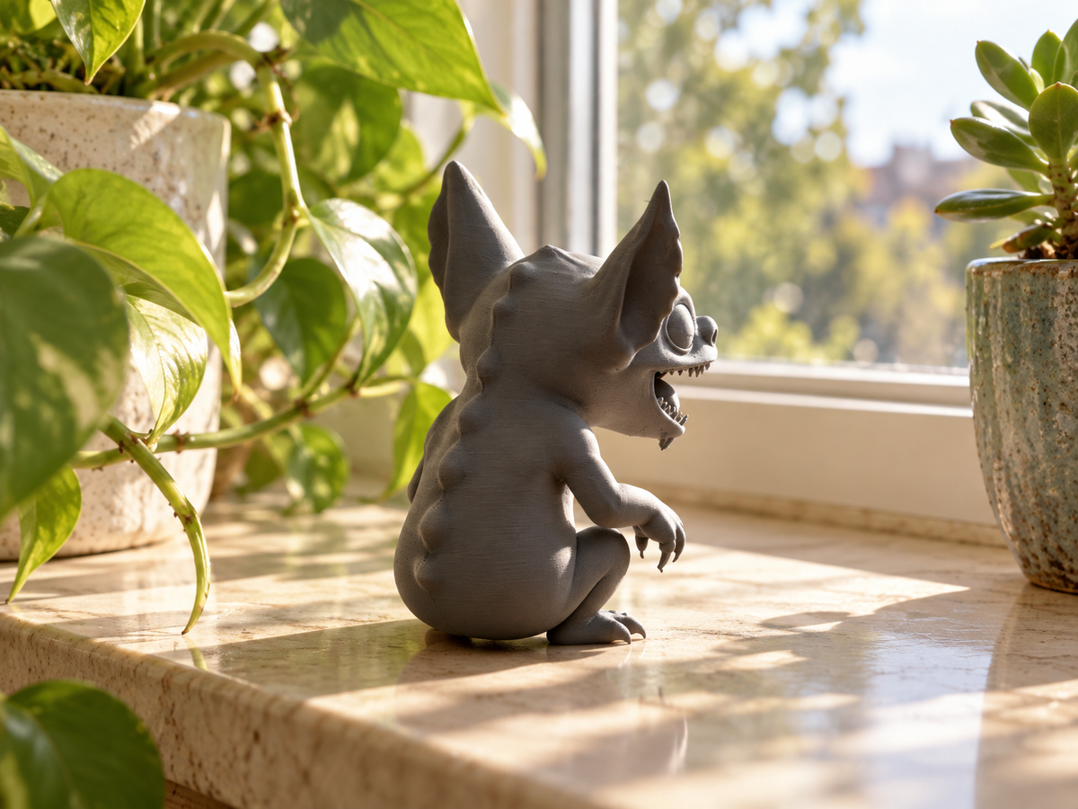 Grey Gremlin decorative figure displayed on a sunlit wooden shelf surrounded by potted plants
