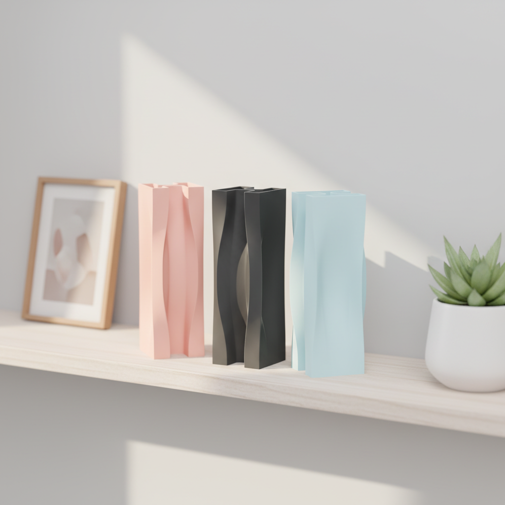 Dynamic Flowing Modern Vase pink charcoal blue trio lifestyle photo on Scandinavian floating shelf with botanical print and plant