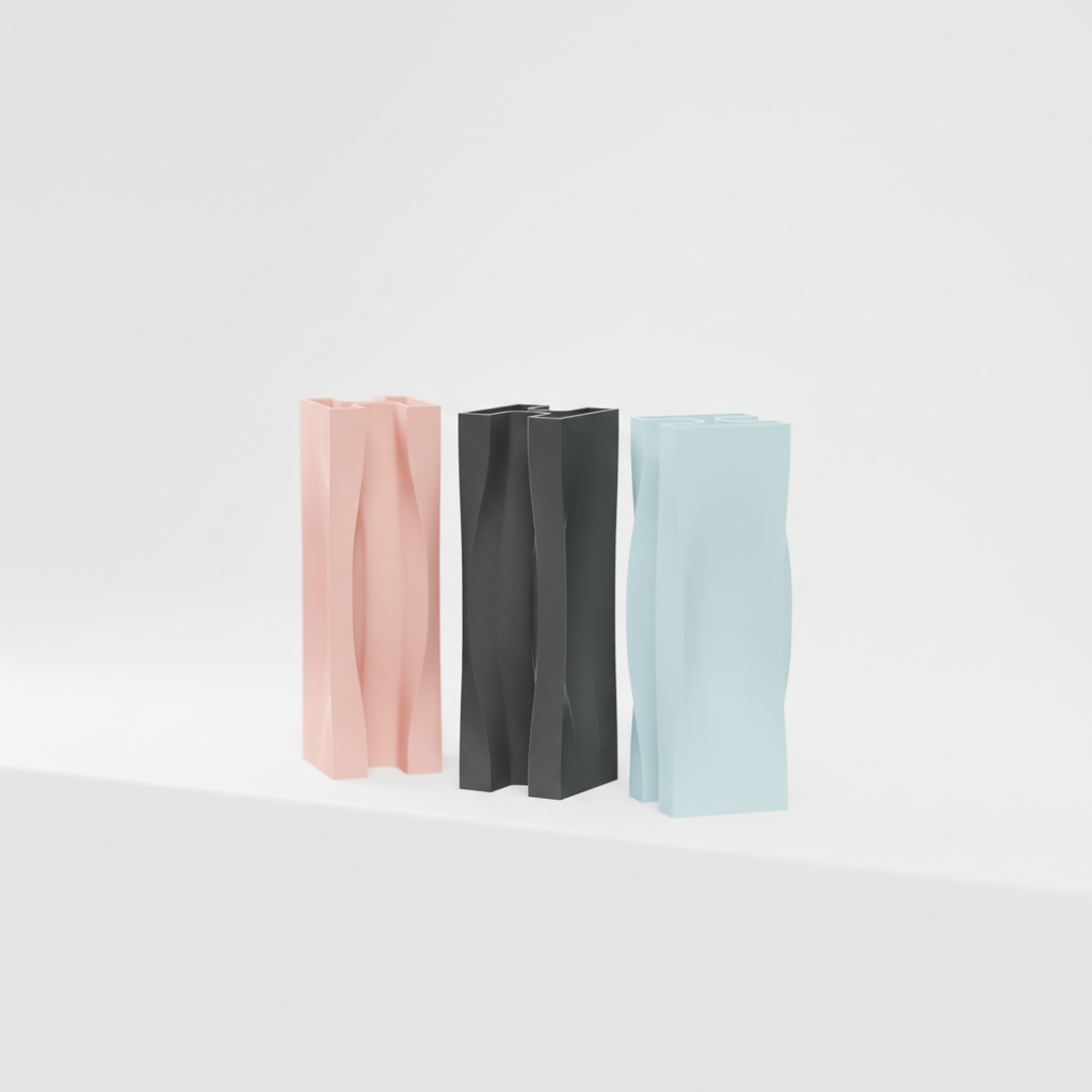 Dynamic Flowing Modern Vase pink charcoal blue trio lifestyle on warm oak shelf against white wall