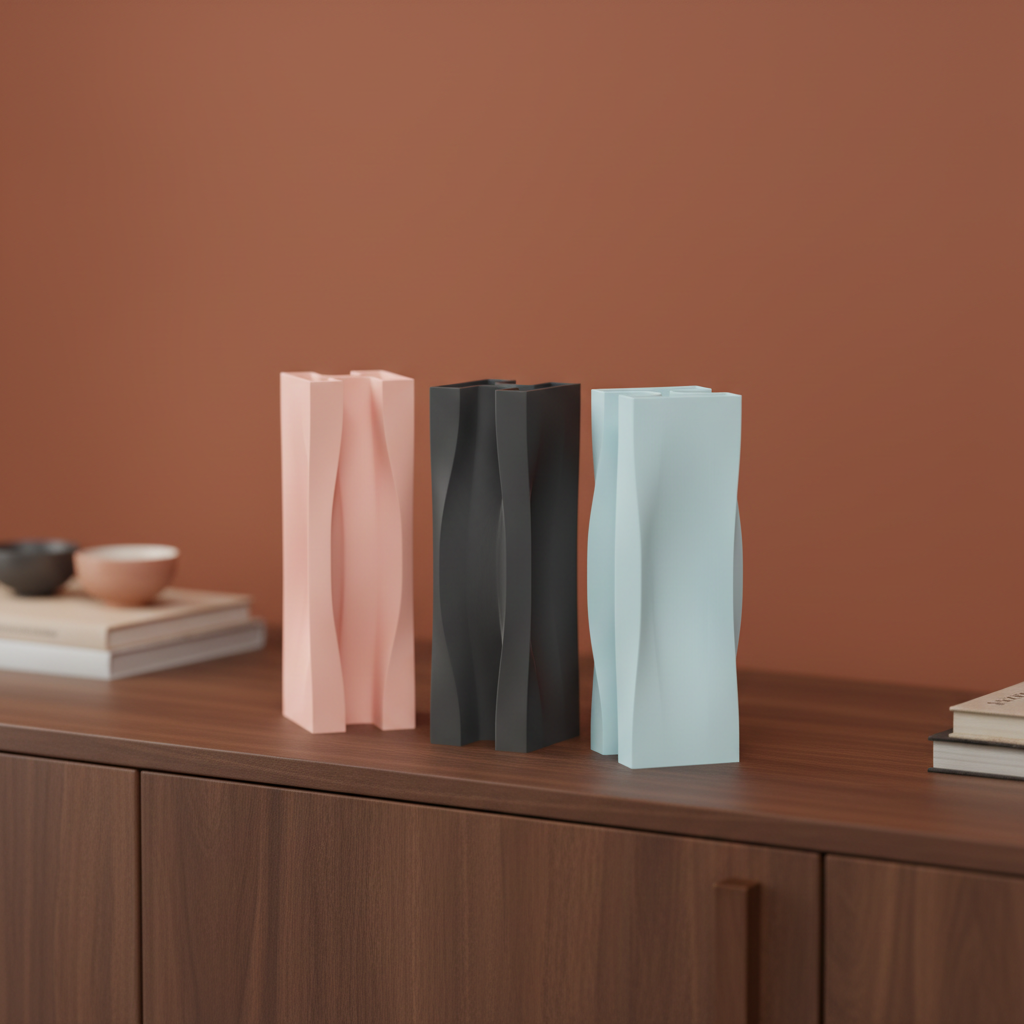 Dynamic Flowing Modern Vase pink charcoal blue trio lifestyle on dark walnut sideboard against terracotta wall with ceramic bowls and books
