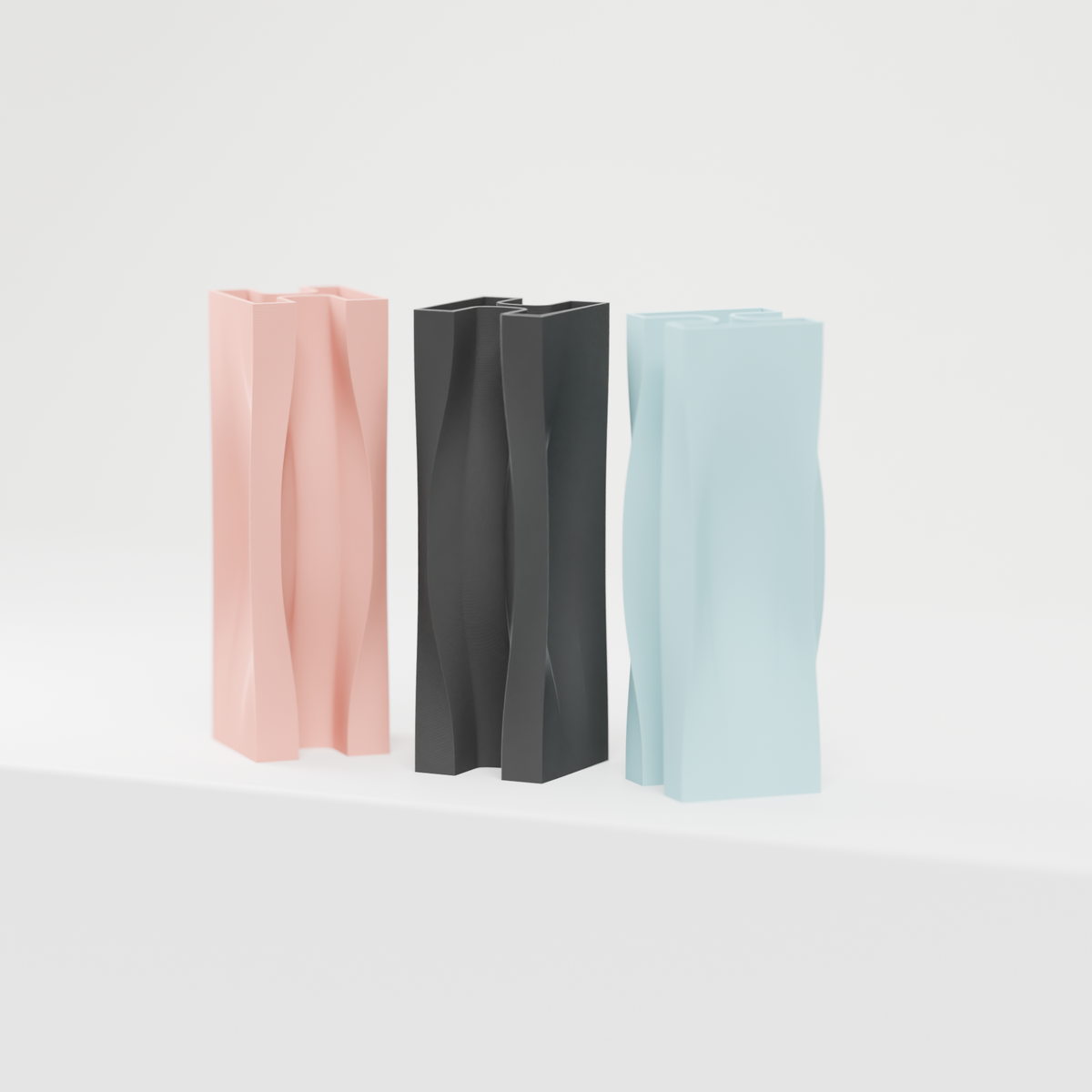 Dynamic Flowing Modern Vase pink charcoal blue trio lower angle clean render white background
