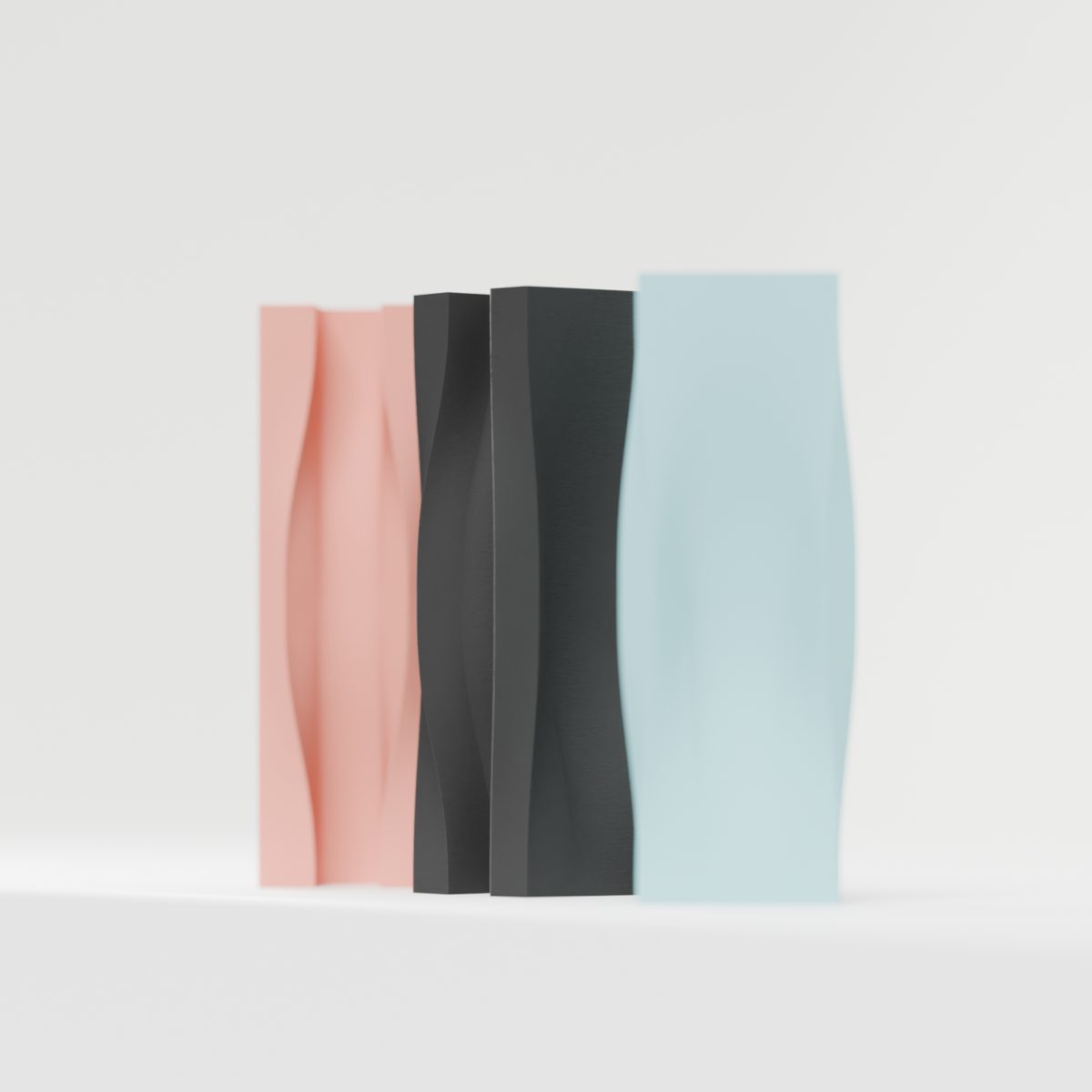 Dynamic Flowing Modern Vase pink charcoal blue trio angled three quarter render white background