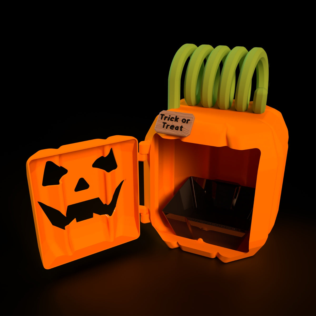 Orange pumpkin-shaped treat box with a green curled stem, Trick or Treat plaque, and hinged jack-o-lantern door