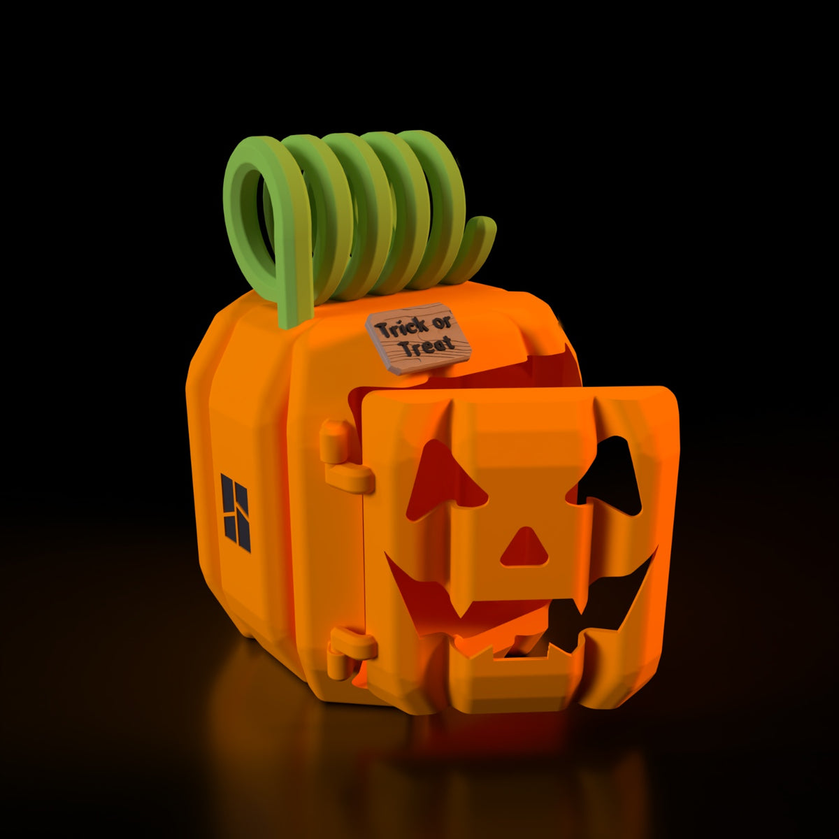 Alternate view of an orange pumpkin treat box with green stem and a hinged face door
