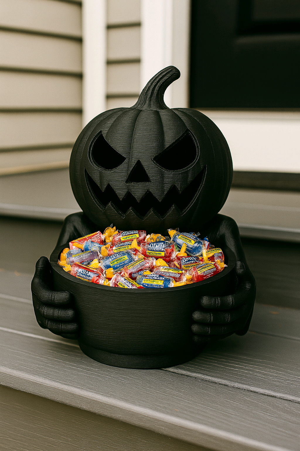 Rear view of the black pumpkin figure holding a round tray