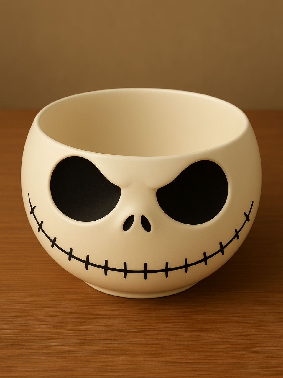 Cream-white round sweet bowl with a black skull face and open top