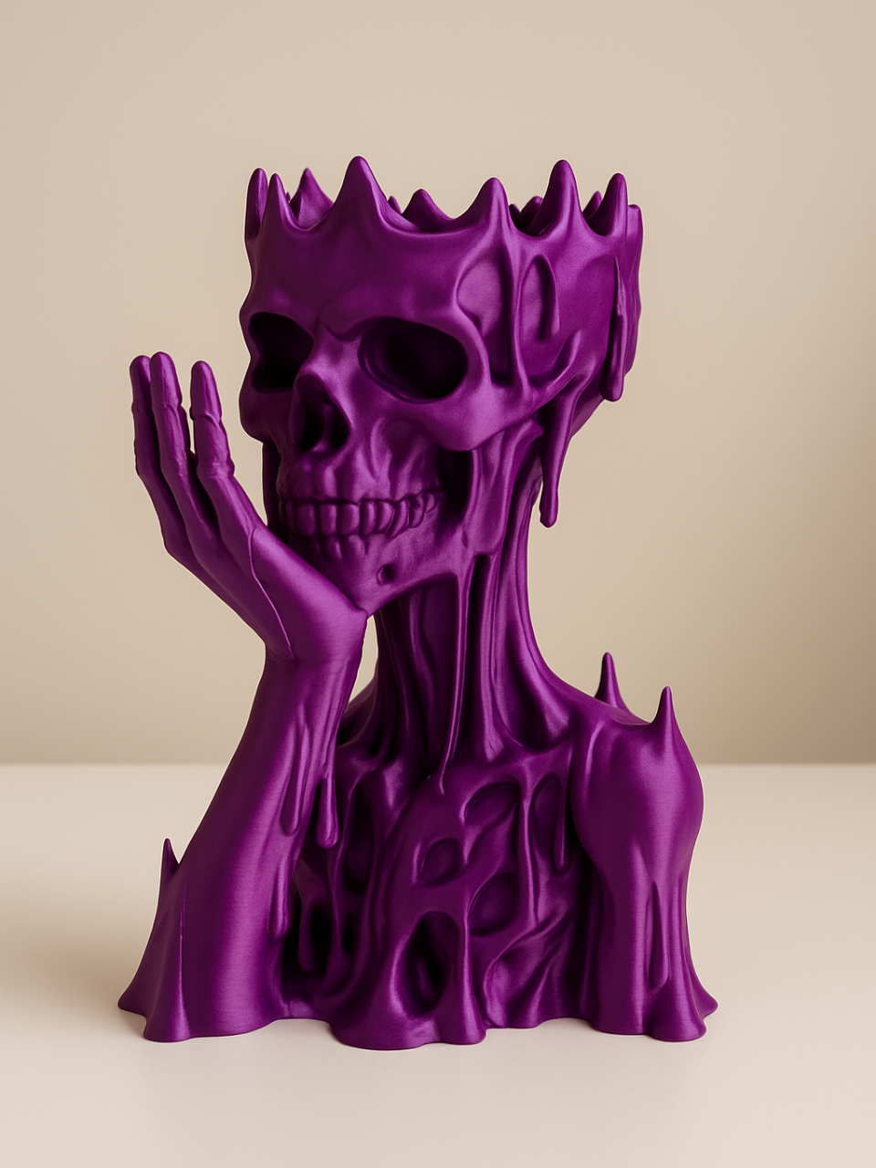Purple skull and upper torso ornament with crown spikes and a skeletal hand resting against its cheek.