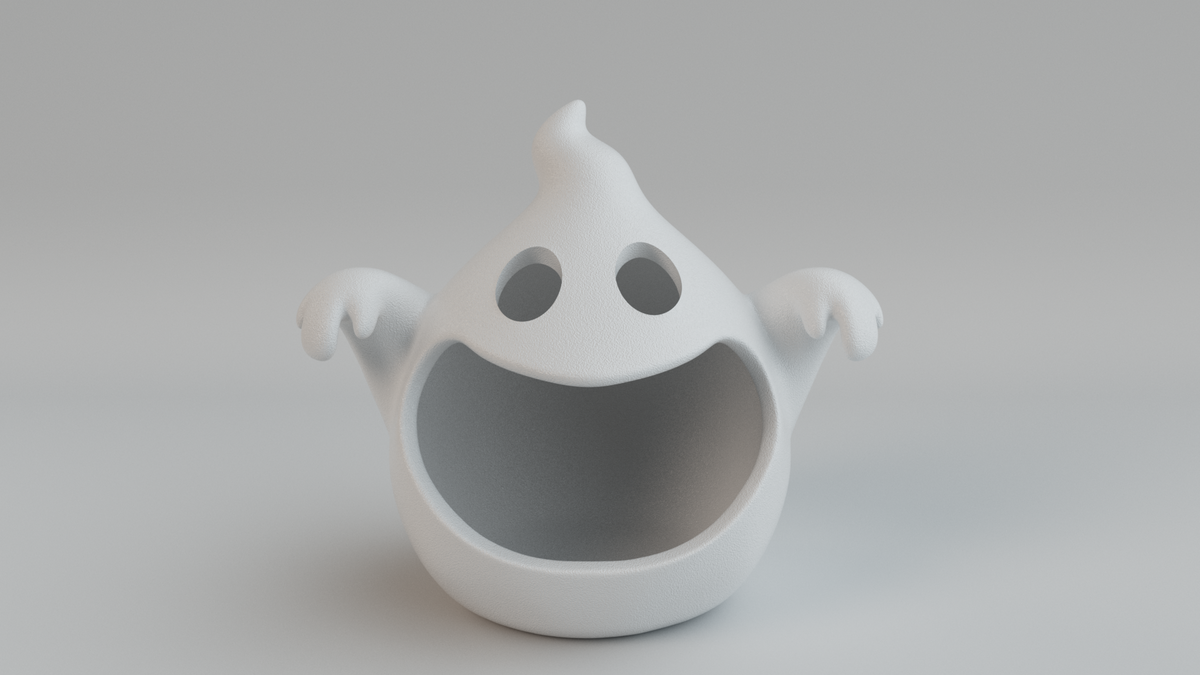 Front view of white wide-mouth ghost sweet bowl with outstretched arms and large open mouth