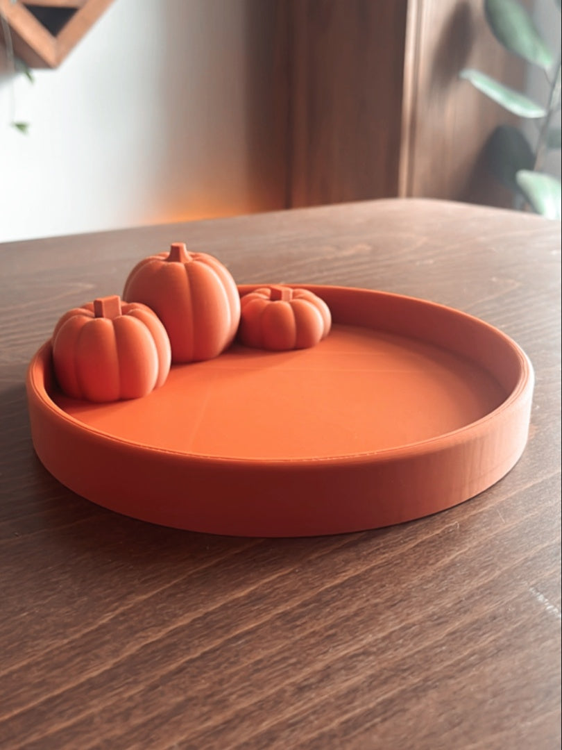 Orange round Pumpkin Tray with three pumpkin details
