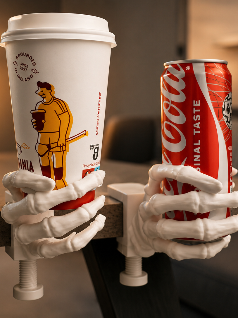 Two white skeleton hand holders gripping a takeaway cup and drinks can