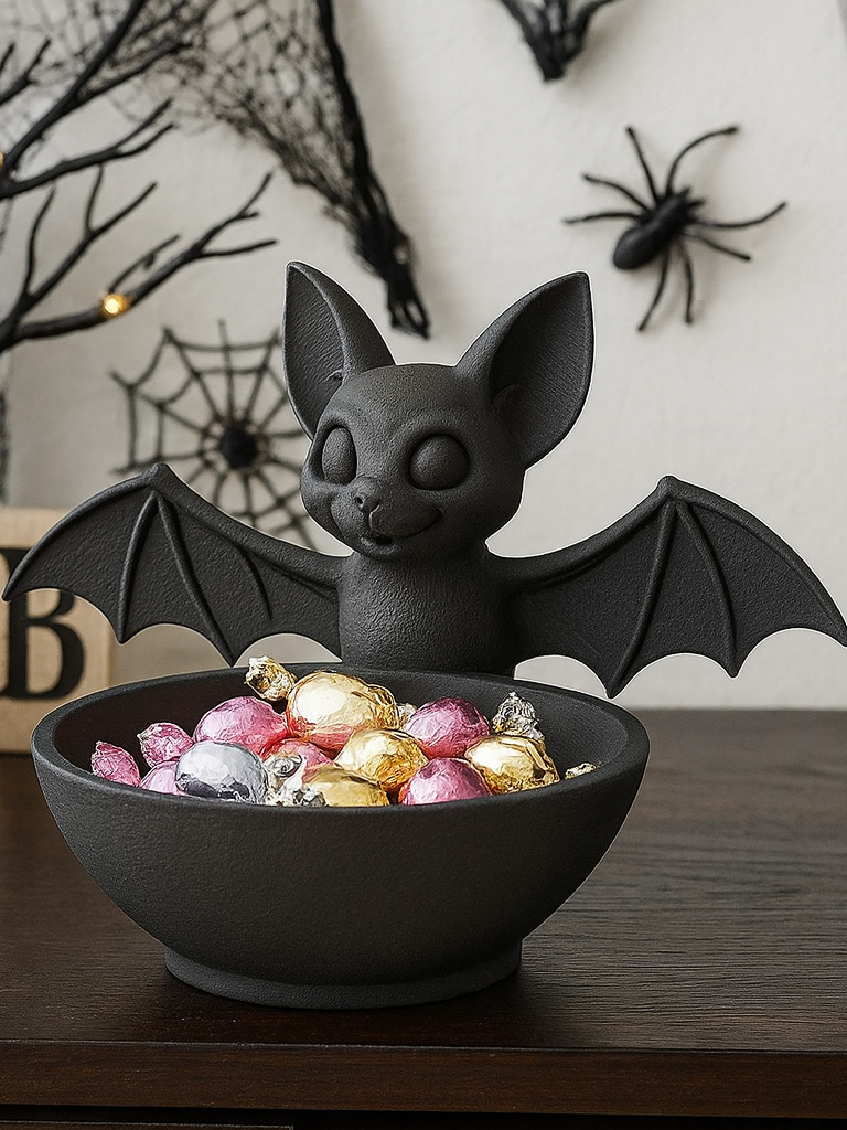 Black Bat Sweet Tray with a bat figure and wings behind a bowl of wrapped sweets