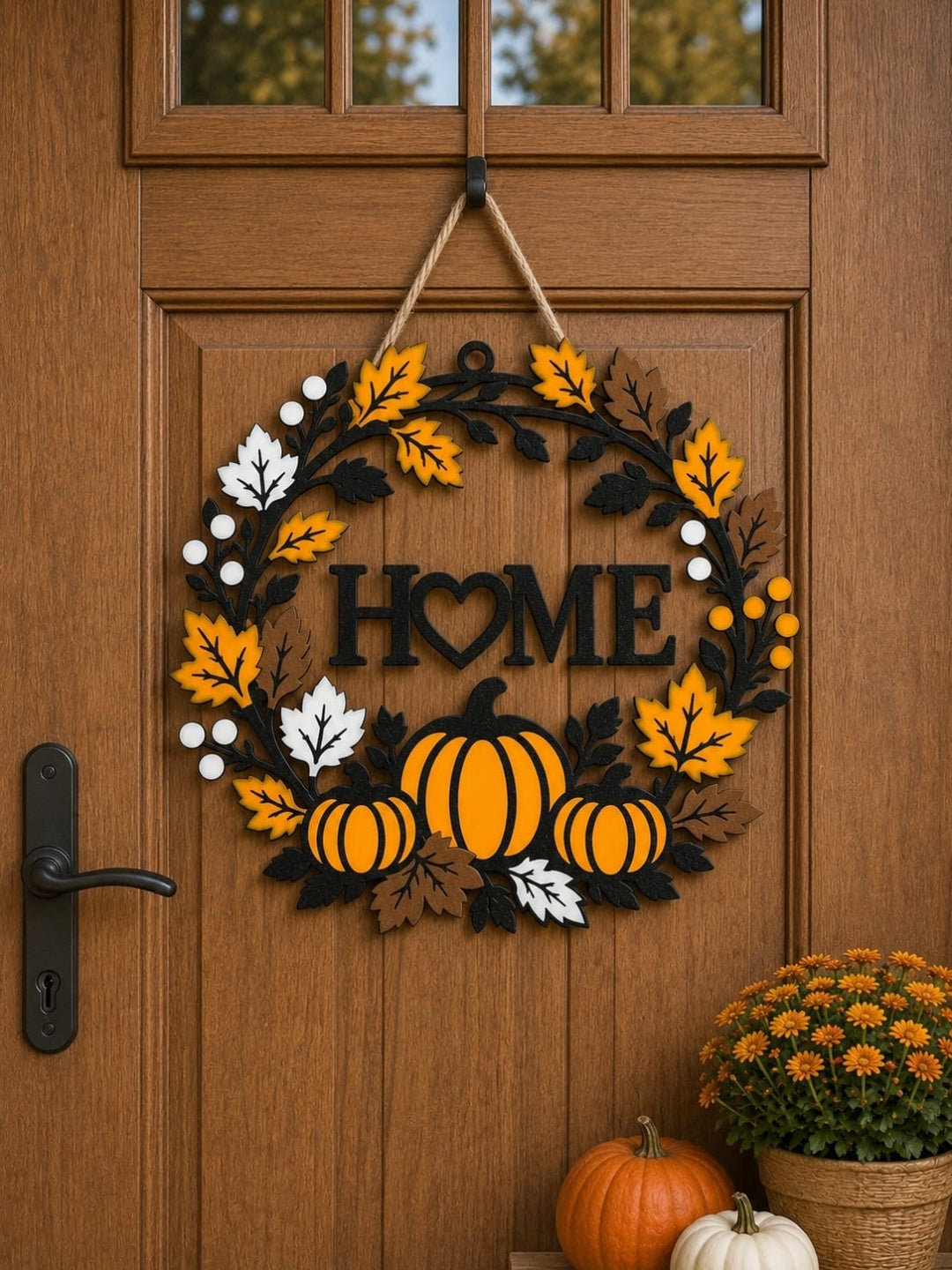 Halloween wreath with HOME lettering, heart-shaped O and three pumpkins displayed on a wooden door