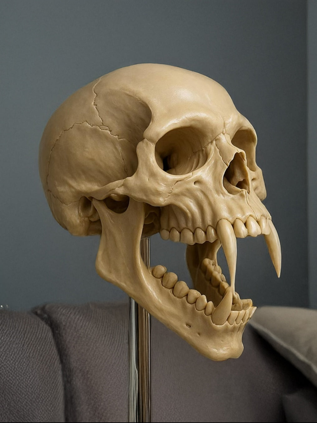 Pale cracked vampire skull sculpture with an open jaw and long fangs