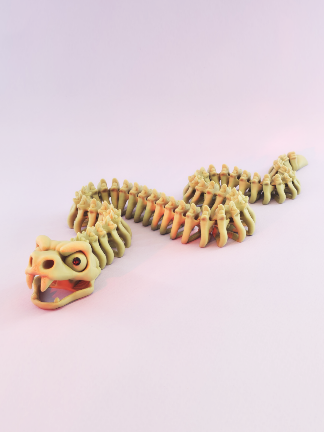 Bone-coloured articulated snake skeleton with skull, open jaw, fangs and ribbed body