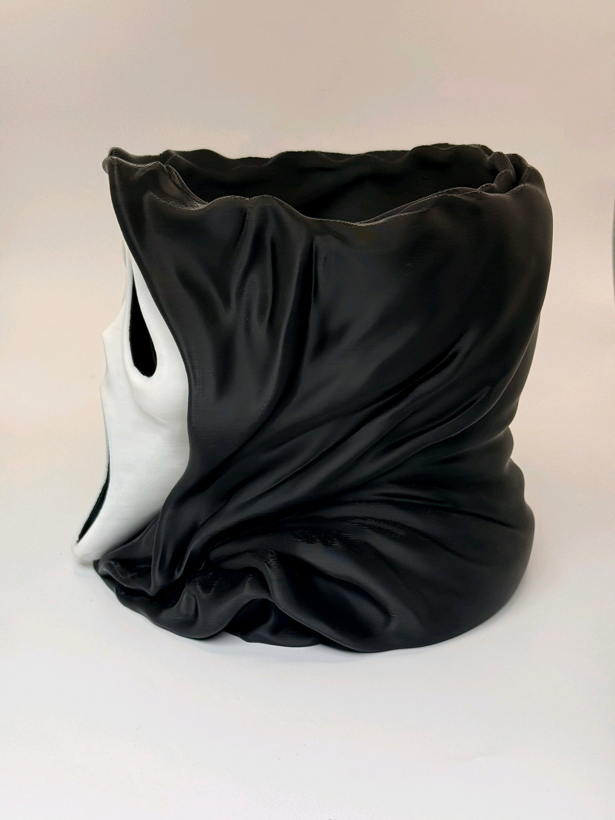 Alternate front view of the black and white Ghostface-inspired head bowl