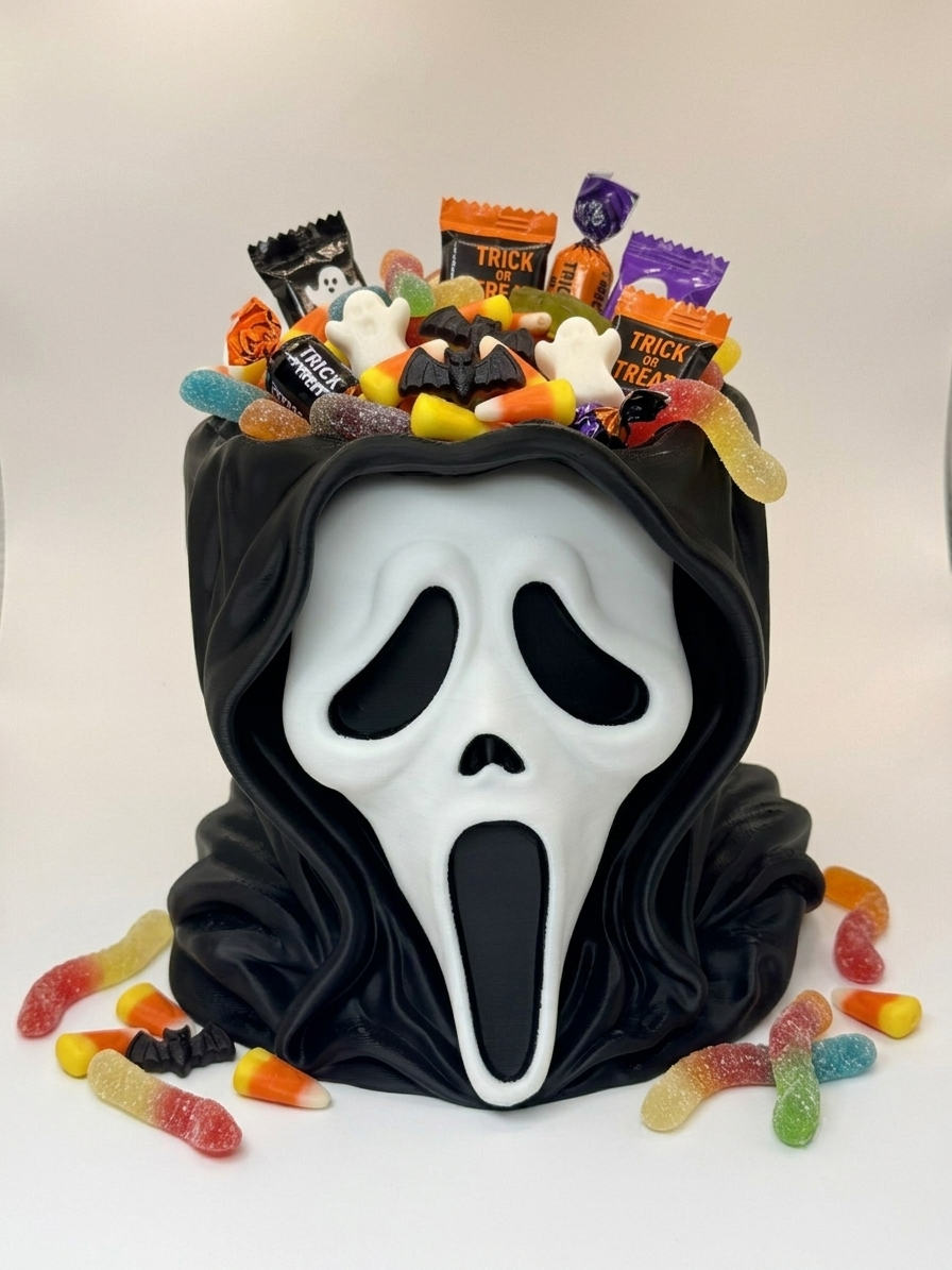 Front view of the Ghostface-inspired head bowl displaying wrapped sweets at the top
