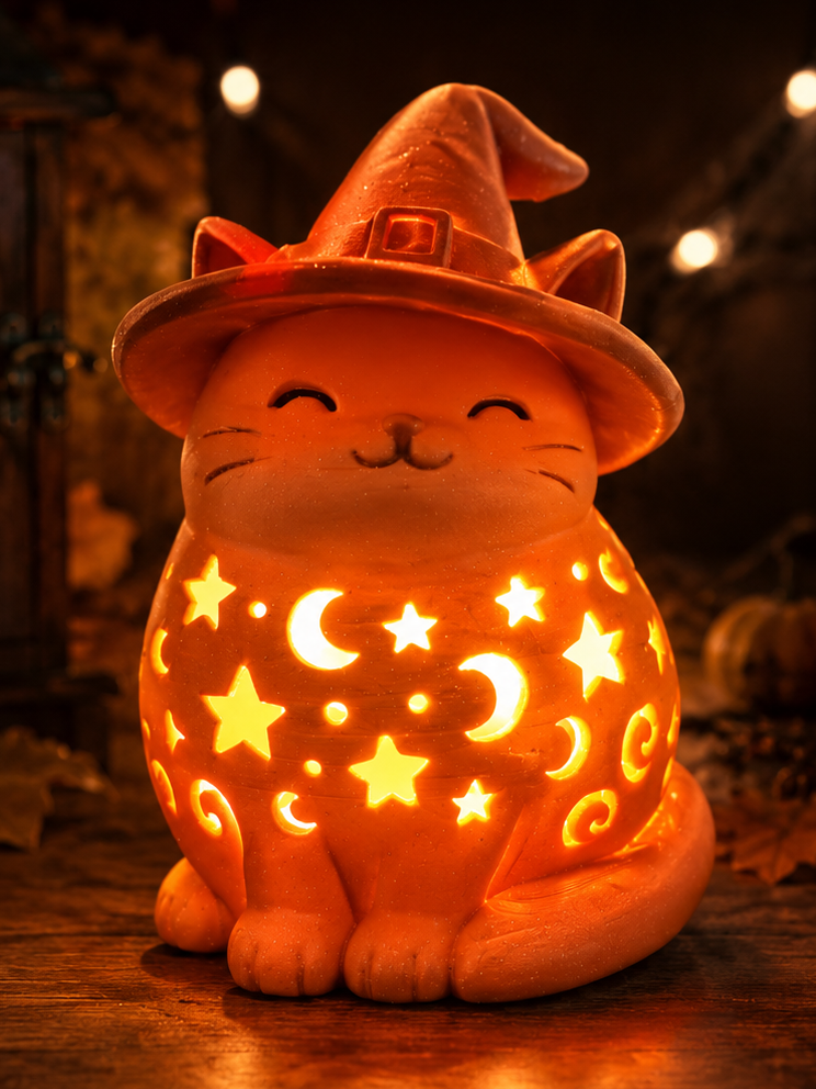 Orange cat-shaped lantern wearing a witch hat, shown unlit with star and crescent moon cut-outs