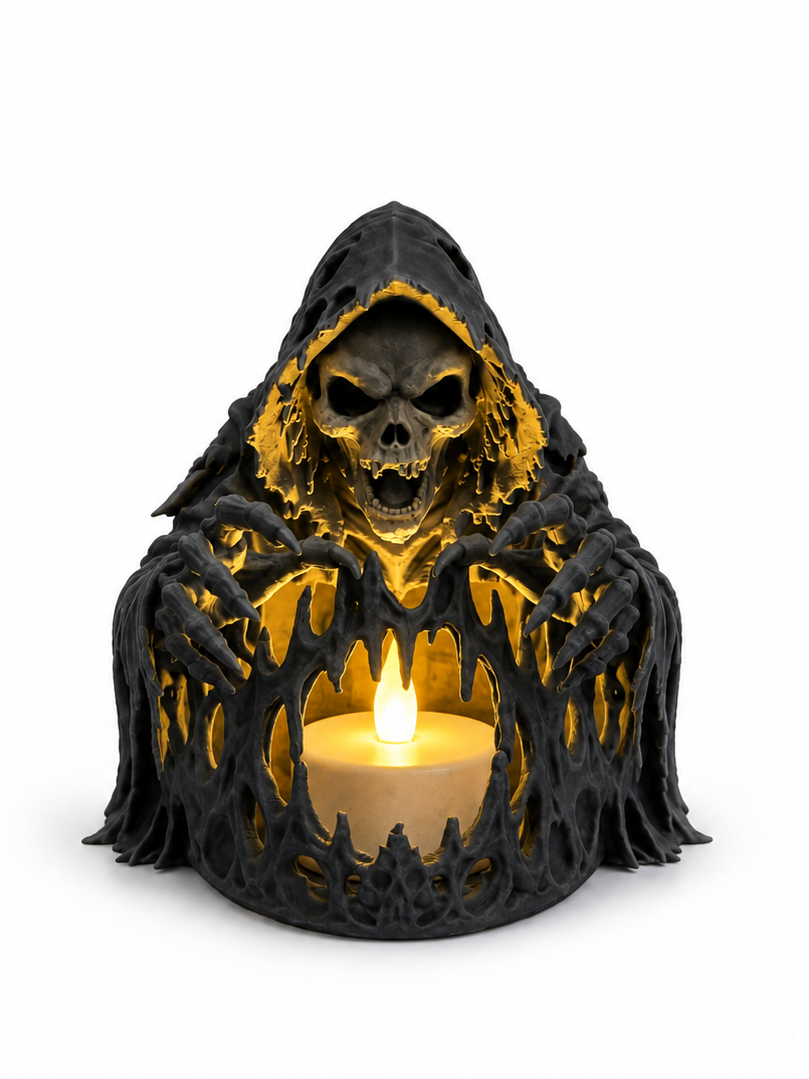 Black hooded skeleton tealight holder shown from the front with a warm LED tealight in its centre on a white background