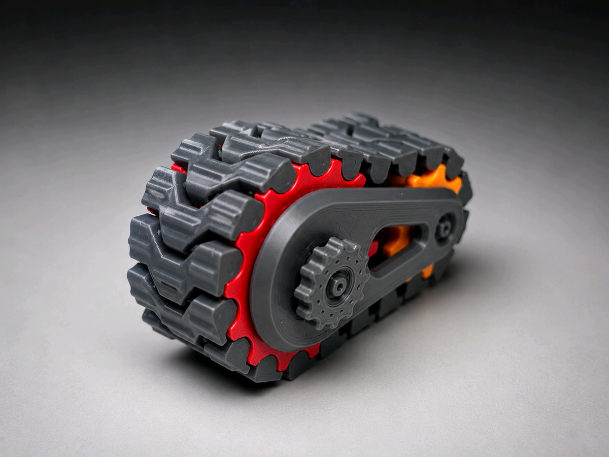 Compact grey tank track fidget with red and orange inner gears