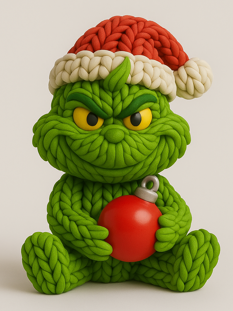 Green seated Christmas character with a red Santa hat and bauble