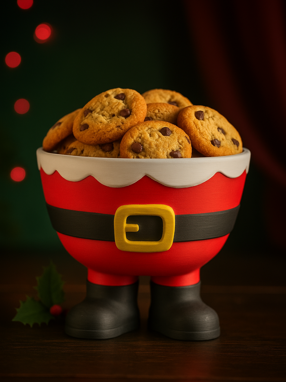 Red Santa legs sweet bowl with white trim, black belt and black boots