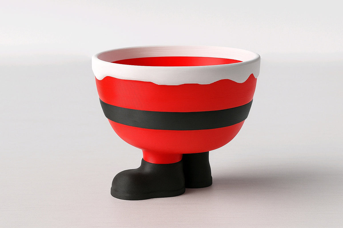 Front view of Santa sweet bowl with gold buckle, black belt, white trim and black boots