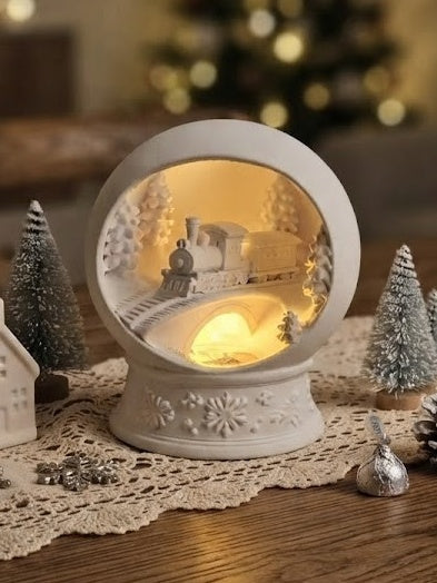 Open white snow globe tealight holder with miniature winter scene