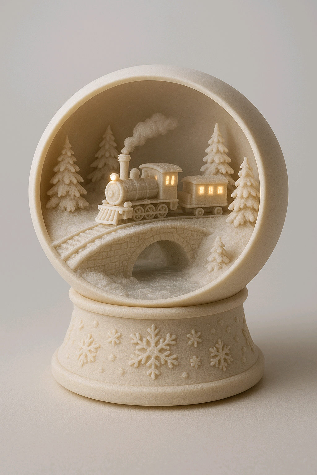 Snow globe tealight holder shown illuminated in hand