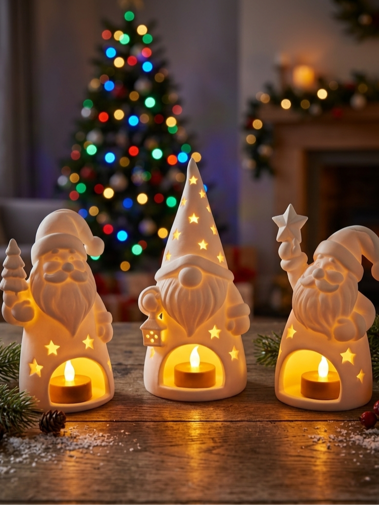 A matching set of three white bearded Santa holders with star details, a tree and raised star.