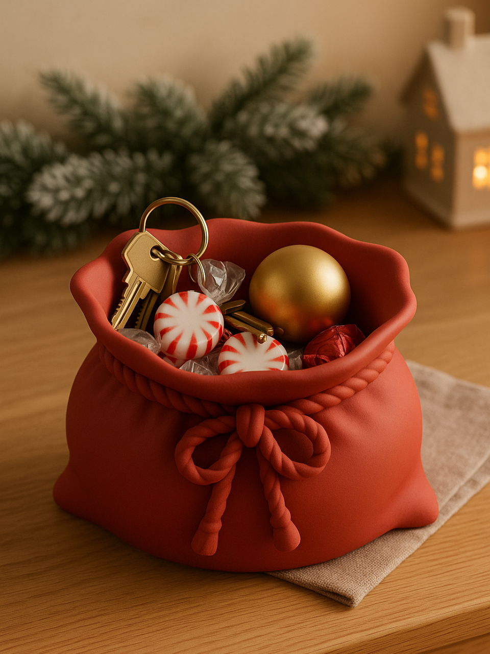 Red sack-shaped sweet bowl filled with wrapped treats on a festive table