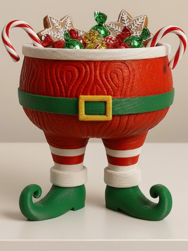Santa suit sweet bowl with red body, green belt, gold buckle and curled elf shoes