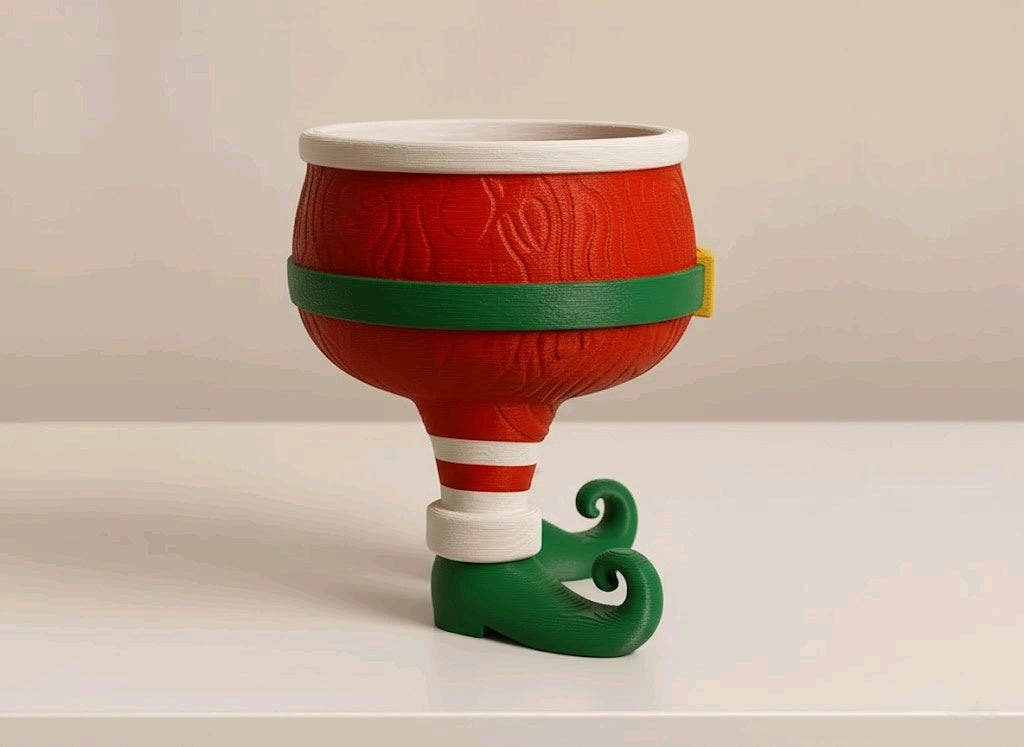 Close view of Santa sweet bowl with belt buckle, striped legs and curled green shoes