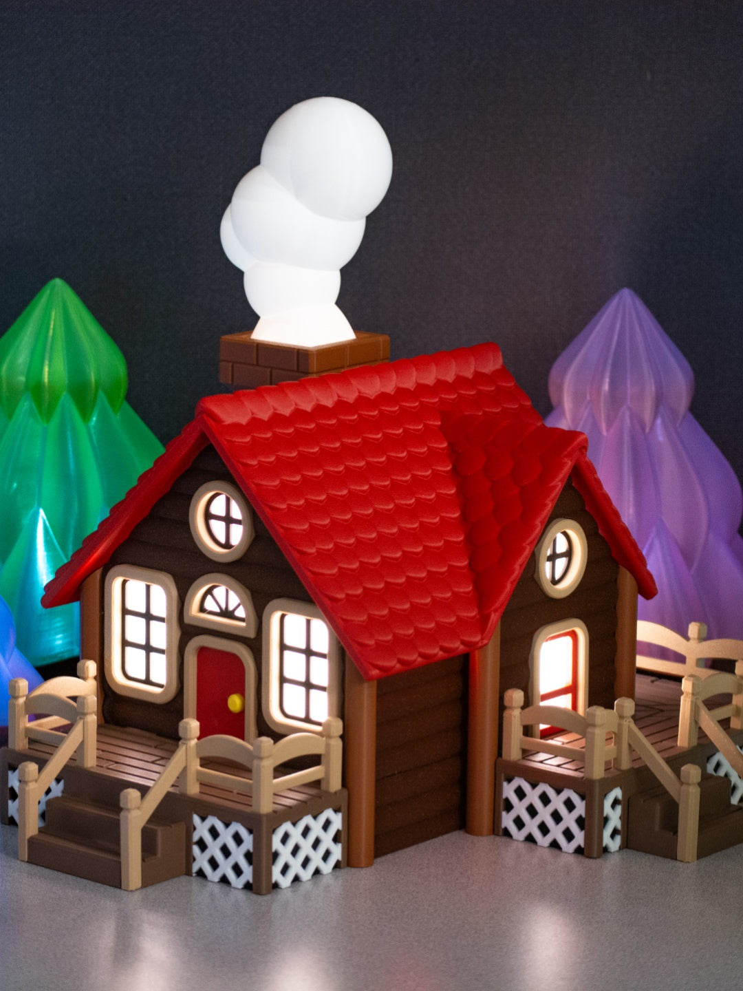 Brown log cabin tealight holder with red roof and snowman chimney